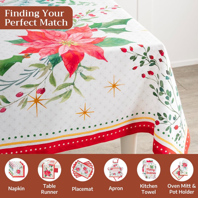 Maison d' Hermine Table Cloth Rectangle Table 100% Cotton 60 x 90 Inches Fall Tablecloth Reusable Everyday Use for Thanksgiving Christmas Decorations Dining Farmhouse Party (Poinsettia Christmas)