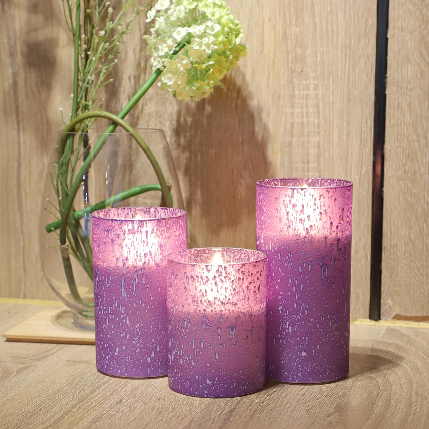 HJANDHJ Purple Flameless Candles with Remote, Flickering Battery Operated Candles with Timer, Set of 3 LED Pillar Candles for Outdoor Indoor Wedding Home Party Decor