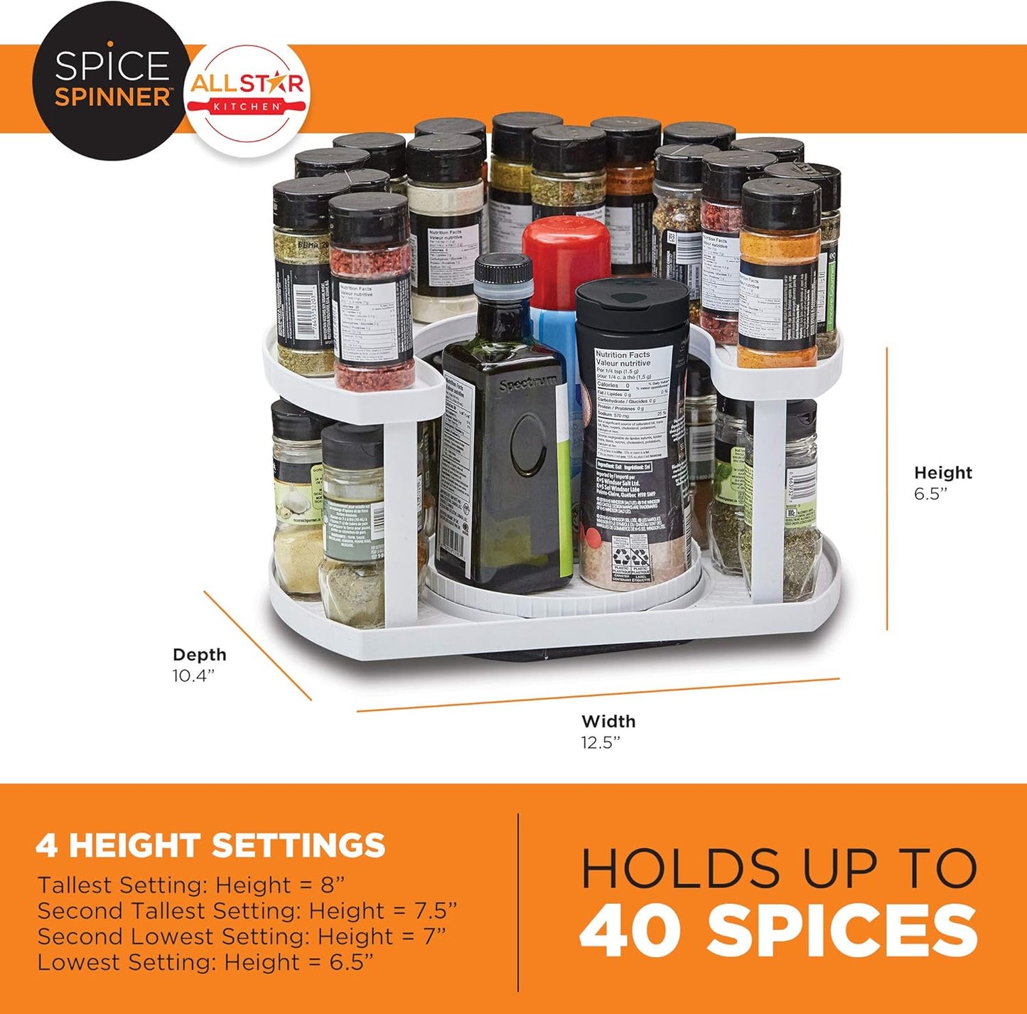 Allstar Innovations Spice Spinner Two-Tiered Spice Organizer & Holder That Saves Space, Keeps Everything Neat, Organized & Within Reach With Dual Spin Turntables