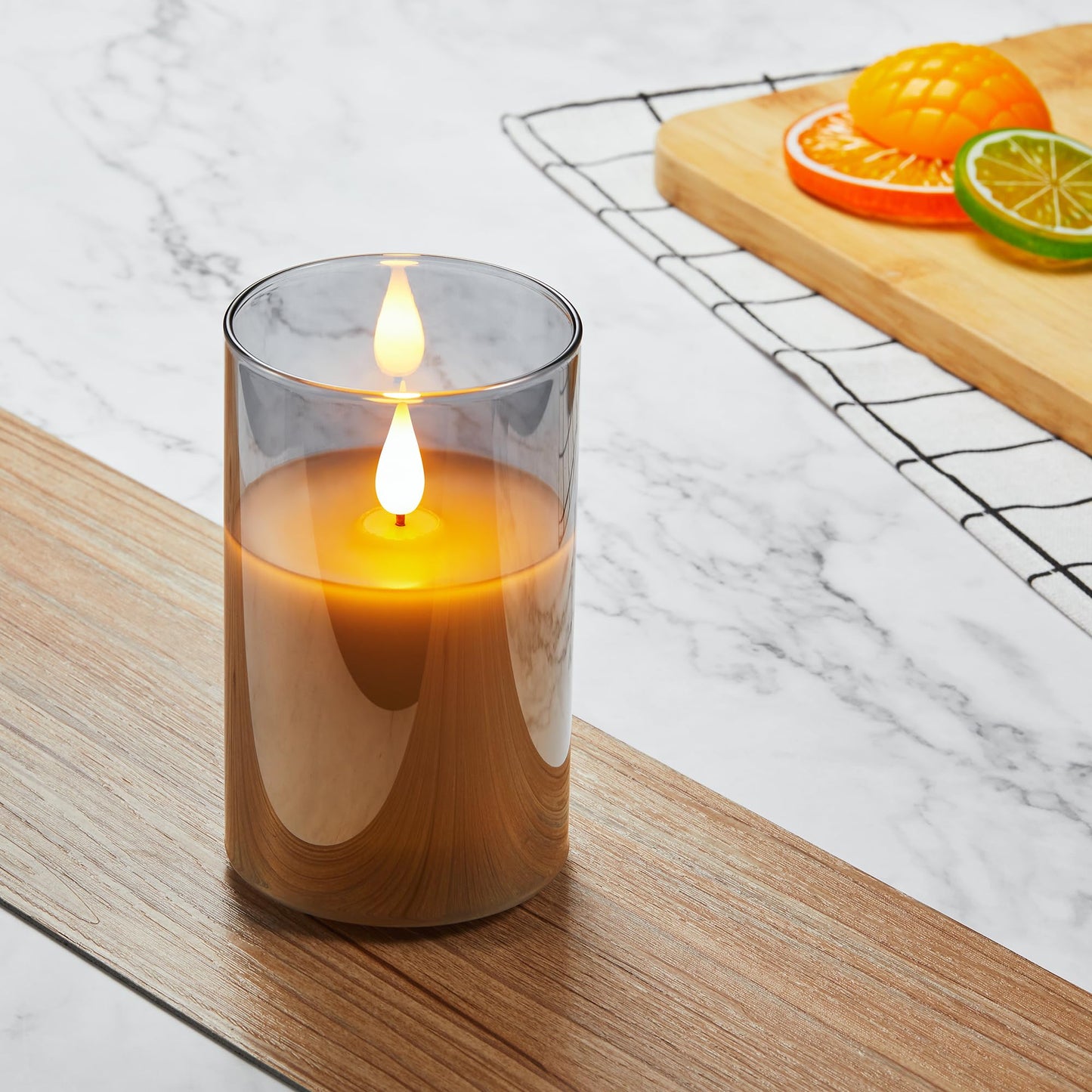 Guluto Glass Battery Operated LED Flameless Candles, Set of 2, D 3" x H 5", Real Wax Pillar Flickering Candles with Remote and Timer, Electronic Candle with 3D Wick for Festival Home Party Decor Grey