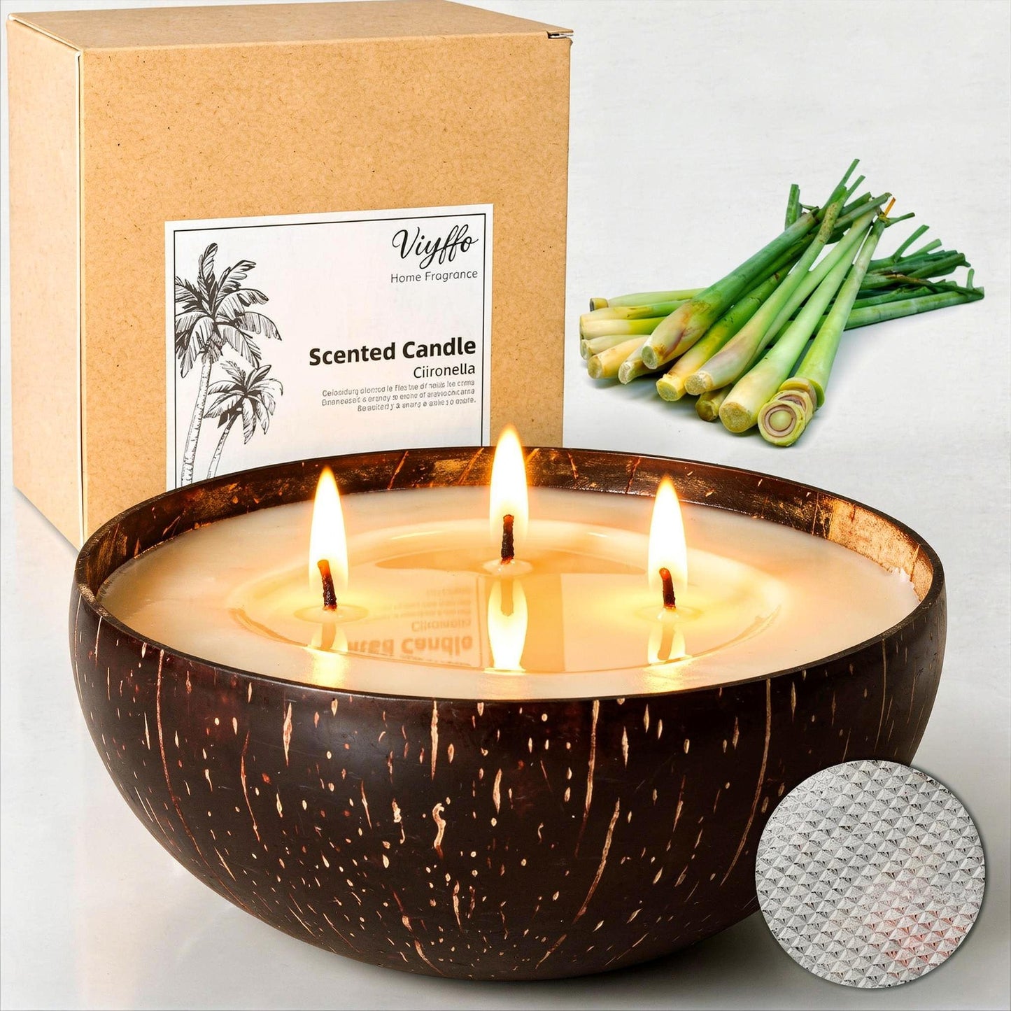 Viyffo 18oz Large Citronella Candles Outdoor, 3 Wick Citronella Candle, Natural Coconut Shell Jar, Non Toxic Soy Candle for Patio, Backyard, Deck & Camping, Rustic Decor Gift (with Fireproof Mat)