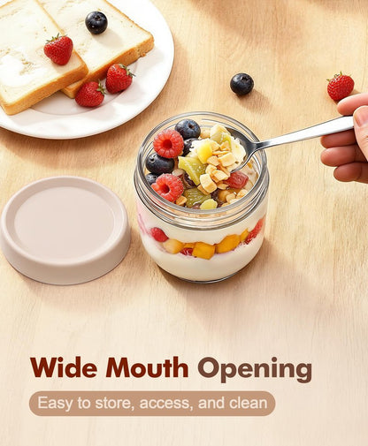 6 pack 10 oz Overnight Oats Containers with Lids and Spoons Glass Jars with Airtight Lids: Wide Mouth Mason Salad Jars, Leakproof and Reusable Glass Food Storage Container for Yogurt Snacks Spice