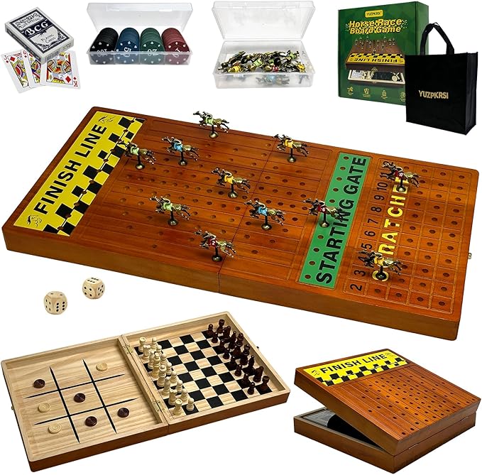 Large 23 inches Horse Race Board Game with Luxury Metal Numbered Horses 4 in 1 Foldable Wood Horse Race Board Game with Dice Poker Chips/Chess &amp Checkers/Tic Tac Toe for for Adults Family Parties