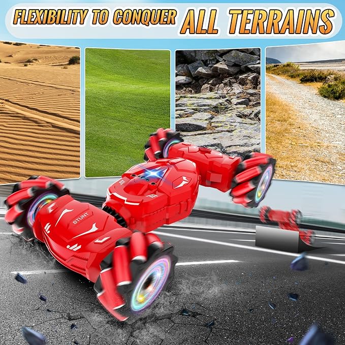 Pristar RC Stunt Cars Gesture Sensing Remote Car Toys for 6-12 Boys Girls 2.4Ghz Hand Remote Control Car with Spray Lights Music 360° Rotation 4WD Off-Road Birthday Xmas Gifts for Kids Age 6-12