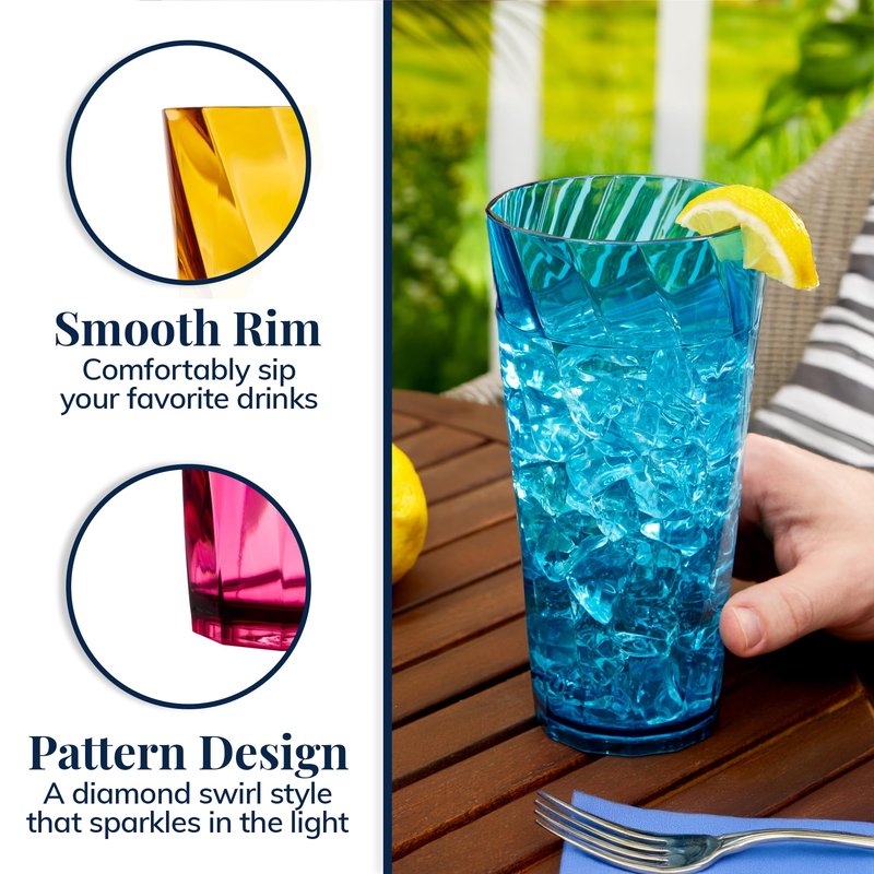 US Acrylic Optix Plastic Reusable Drinking Glasses (Set of 8) 26oz Iced-Tea Cups in Jewel Tone Colors | BPA-Free Tumblers, Made in USA | Top-Rack Dishwasher Safe