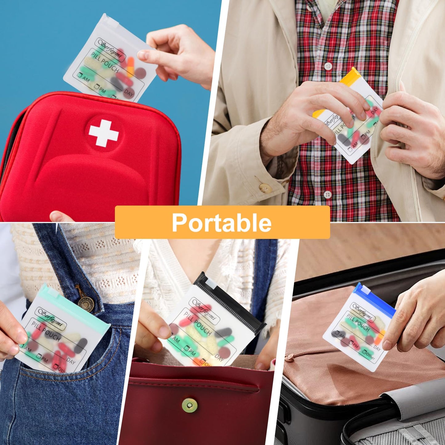 Serfeymi 32 Pcs Zippered Pill Pouches Organizer Plastic Bags 3 X 3 Inches 12 mil Self Sealing with Slide Lock Writable Label Translucent Travel Medicine Storage Bag Case and 1 Pc Marker-Blue