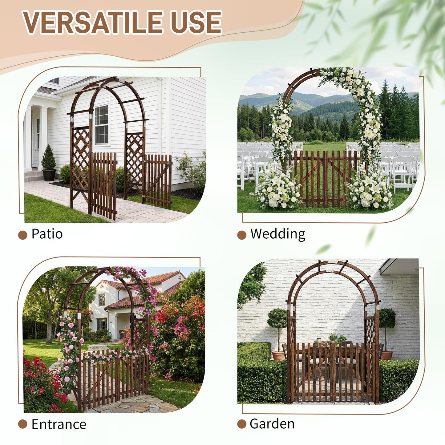 VINGLI Wooden Garden Arbor, Heavy Duty Outdoor Frame Trellis with Gate for Ceremony, Wood Trellis Garden Arch Pergola for Plant Climbing, Patio, Lawn, Wedding