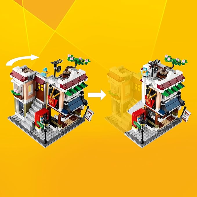LEGO Creator 3 in 1 Downtown Noodle Shop House Transforms from Noodle Shop to Bike Shop to Arcade Modular Building Set Toy Gift for Kids 8 Years and Up 31131
