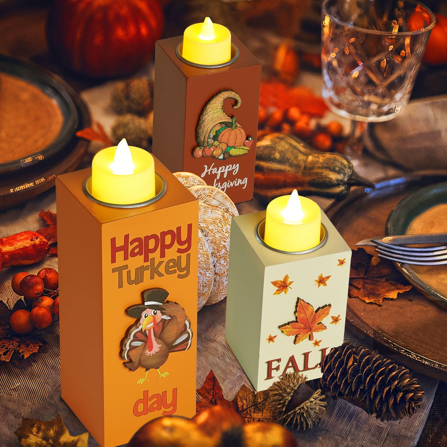 BlcTec Thanksgiving Decorations for Home 3 PCS Wood Candle Holders with LED Tea Lights & 3D Carving Craft, Rustic Candle Centerpieces for Home, Table, Office, Tiered Tray Fall Decor Thanksgiving Decor