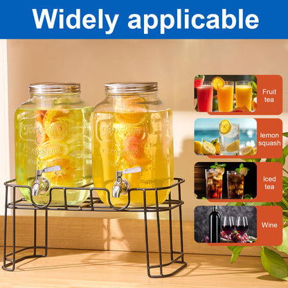 1 Gallon Glass Drink Dispensers for Parties, 2PACK Beverage Dispenser with Stand, Fruit Infuser and Stainless Steel Spigot 100% Leakproof, Beverage Dispenser for Lemonade Sun Tea