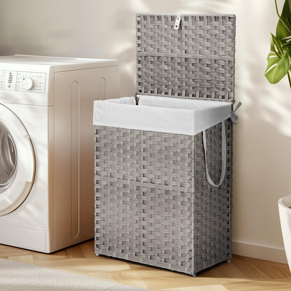 Elevon 90L Laundry Basket with Lid, Hand-Woven Pp Rattan Laundry Hamper with Compartments & Handles, Foldable, Large Capacity Clothes Basket with Removable Liner for Bathroom, Light Gray