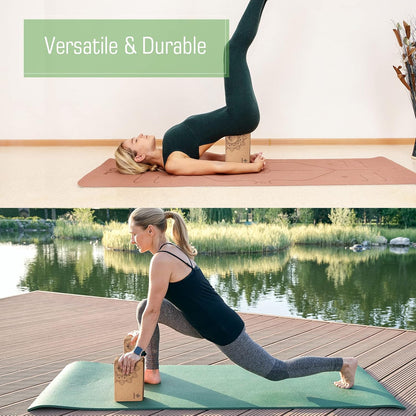 Overmont Cork Yoga Blocks 2 pack with 8ft Strap Natural Cork Bricks- High Density & Eco Friendly Yoga Accessories for Women - Ideal for Yoga Pilates General Fitness and Stretching 9x6x3''