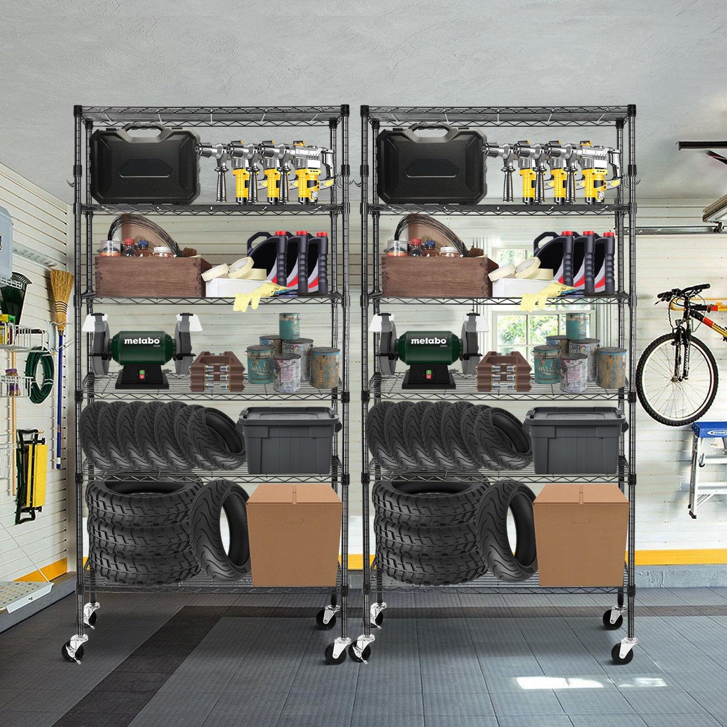 BolDuck 6 Tier Storage Shelves with Wheels, 2100lbs Capacity Heavy Duty Shelving Units, 14x36x75inch Adjustable Metal Shelf Wire Shelving Rack for Garage, Kitchen, Office, Black