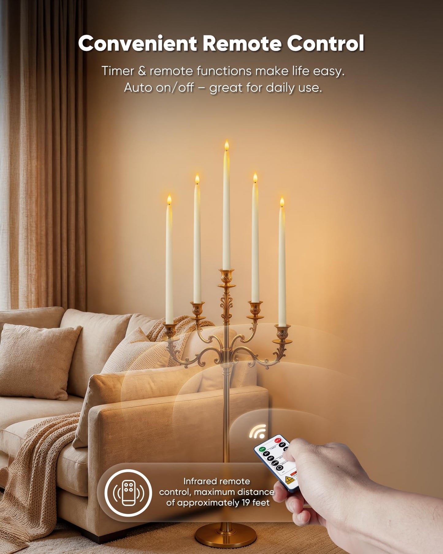 Homemory 15 inches Real Wax Flameless Taper Candles with Remote Timer, 3 Pcs White LED Taper Candles Battery Operated with 3D Flickering Flame, Window Candle Led Candlesticks for Dinners Home Decor
