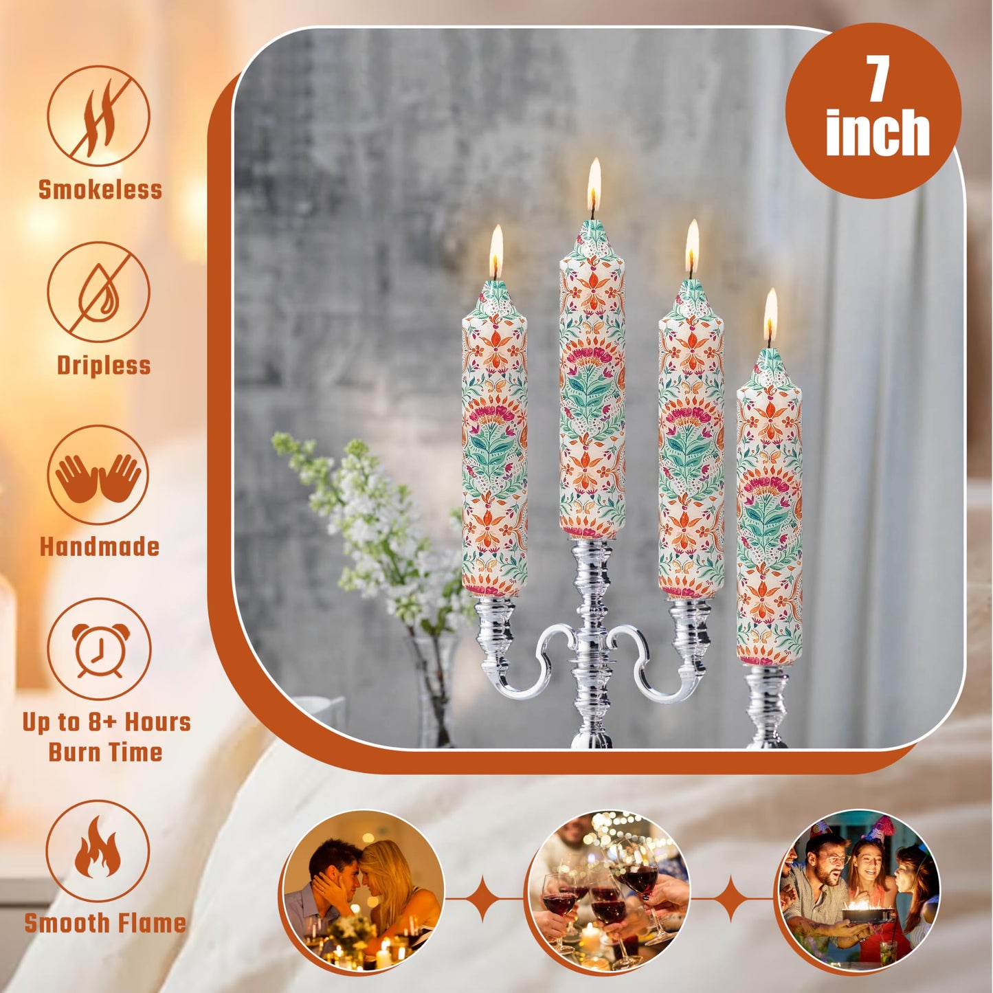 7 inch Short Candle Floral Candle Sticks Printed Candlestick Handmade Unscented Taper Candle 4 Pack Sunflower Tapered Candles for Home Dinner Wedding Holiday