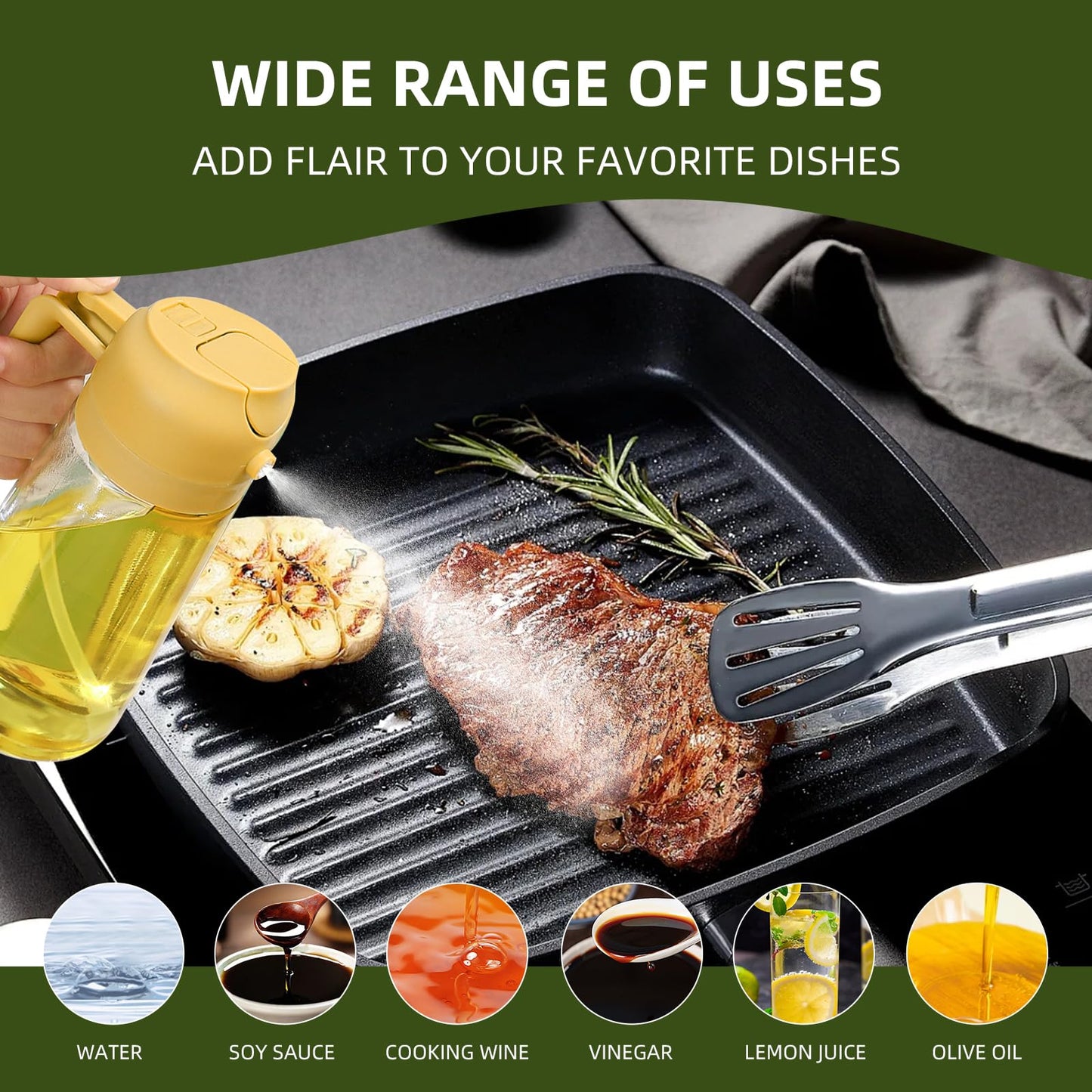 Oil Dispenser for Kitchen, 2 in 1 Olive Oil Sprayer, Olive Oil Dispenser Spray Bottle with Brush, Oil Sprayer for Cooking for Air Fryer, Barbecue, Salad 16oz/470ml (Black)