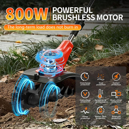 Cordless Electric Tiller for Gardening, Garden Tiller, Cordless Cultivator, Rototiller, 800W Brushless Motor w/ 2X 6.0Ah Batteries, 9" Tilling Width & 6.6" Depth, 360 RPM, 4 Steel Blades, Hand Tiller