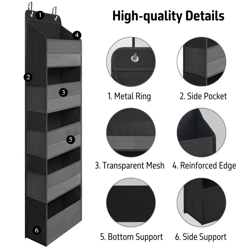 TYMENSH Over Door Organizer with 5 Large Pockets, Heavy Duty Hanging Organizer Storage, Closet Bathroom Nursery Bedroom Dorm, Toys Cosmetics Sundries and Baby Essentials, Black