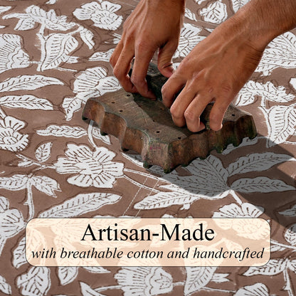 Ridhi Oak Brown Hand Block Print Cotton Rectangle Tablecloth 102" x 48" inches Reusable Table Cover Decorative Everyday Use for Dining Room, Farmhouse, Home Gift for Spring, Mother's Day