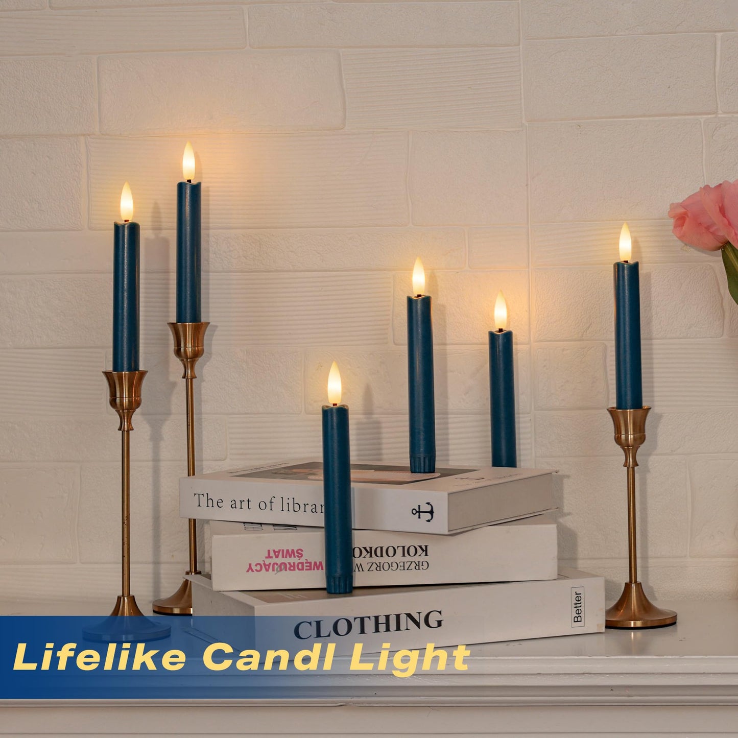 AFINETH Blue Flameless Taper Candles with Remote, Short Battery Operated LED Candles, 6.4inch Flickering Flameless Candlesticks for Table Centerpiece, Wedding, Mantel, Window Decor, Set of 6