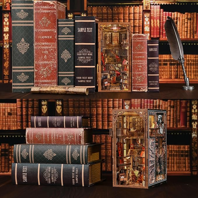 DIY Book Nook Kit - 3D Miniature Wooden Scene with LED Lights Dustcover &amp Tools for Shelf Decor (Abbey Library)