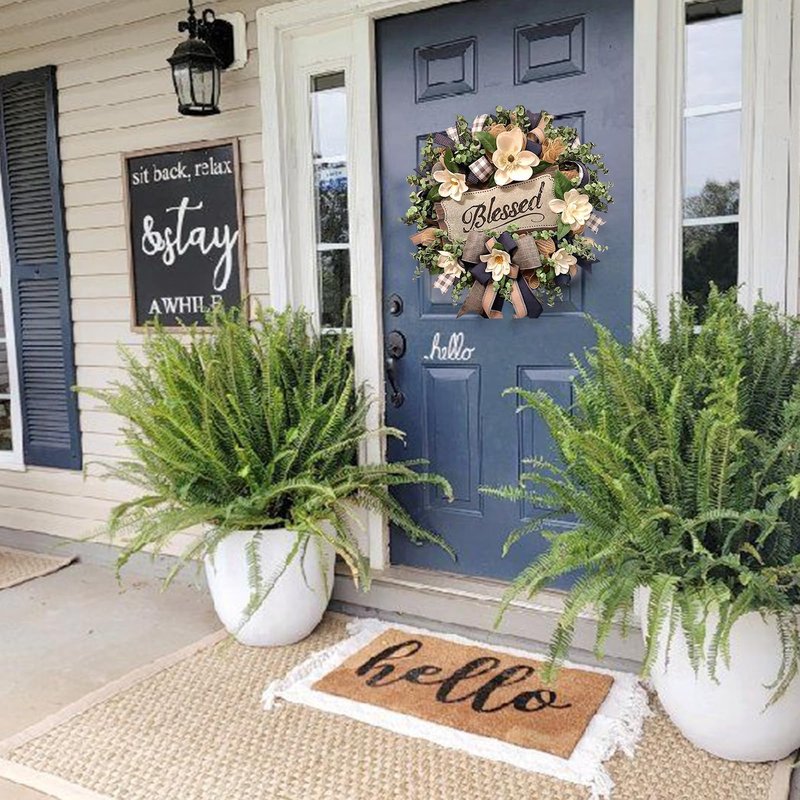 Spring Summer Wreath for Front Door,Farmhouse Magnolia Porch Decoration,Front Door Hanger,Housewarming Gift, Buffalo Plaid Year Round Wreath,Summer Home Decor