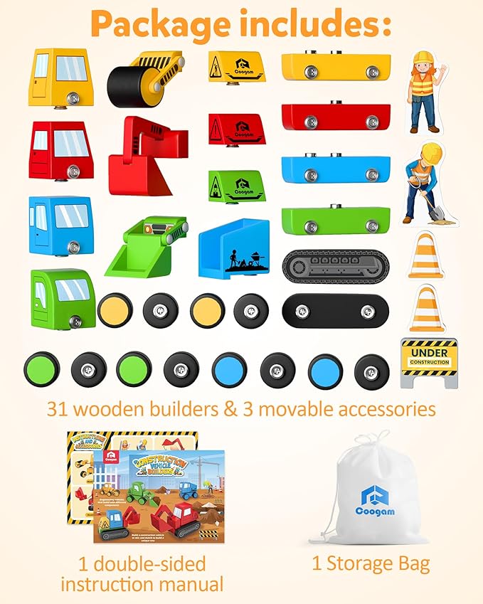 Coogam Snap Together Vehicle Toys for Toddlers Wooden Montessori Take Apart Construction Engineering Car - Assembly Building Game STEM Fine Motor Educational Toy Gift for Kids Ages 3-8
