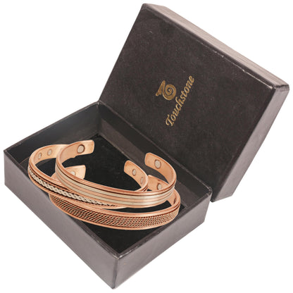 Touchstone copper bracelets | gift for men women |adjustable 100% pure solid real magnetic jewelry | handmade bracelet set combo | rope braided tibetan bangles. Set of 3 different designs
