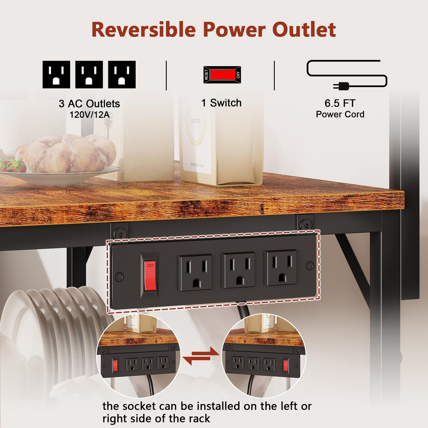 Furologee Kitchen Bakers Rack with Power Outlet, Microwave Oven Stand with Storage 4 Tiers, Coffee Bar Table with 6 S Hooks, Kitchen Storage Shelf Rack for Spices, Pots, Rustic Brown