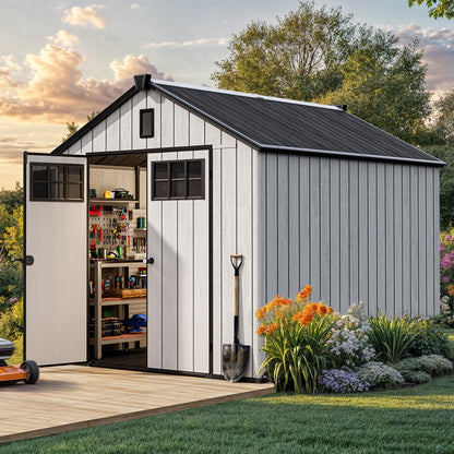 YITAHOME Large Outdoor Storage Shed 8x10 Ft, Extra Thick Plastic Storage Sheds with Floor, Lockable Doors, Vision Grid Windows, Vents, 16mm Heavy Duty Garden Storage for Bikes Mowers and Tools, Gray