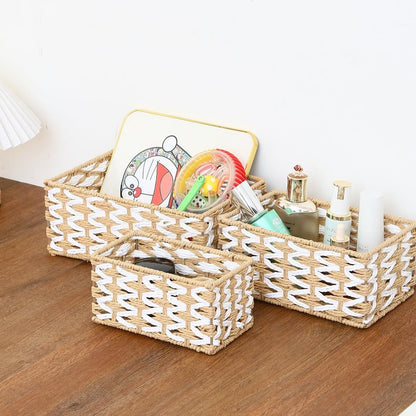 HANMYSTYLE Storage basket Flower weaving storage basket hand-woven organizing Kids room storage snacks sundries toiletries toys set of 3(rectangle)