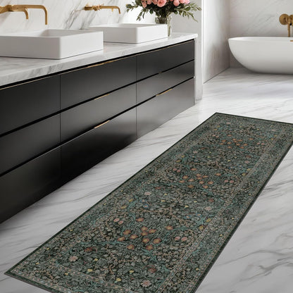 Skiennix Dark Green 2x5 Runner Rug - Non-Slip & Washable Floral Boho Design for Indoor Use