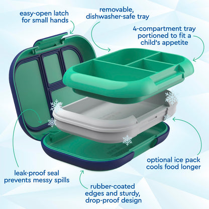Bentgo Chill Kids Leak-Proof Lunch Box - 4-Compartment Bento Box with Built-In Ice Pack, 3.3 Cup Capacity, PFAS & BPA-Free, Microwave & Dishwasher Safe, Ideal Size for Ages 3 to 7 (Green/Navy)