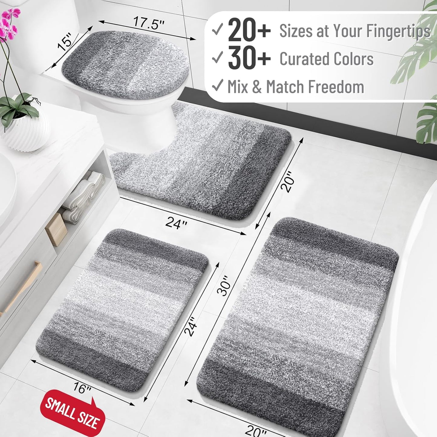 OLANLY Microfiber Bath Rugs - Extra Soft & Absorbent | 24x16 Grey Quick-Dry Mats for Bathroom Floor