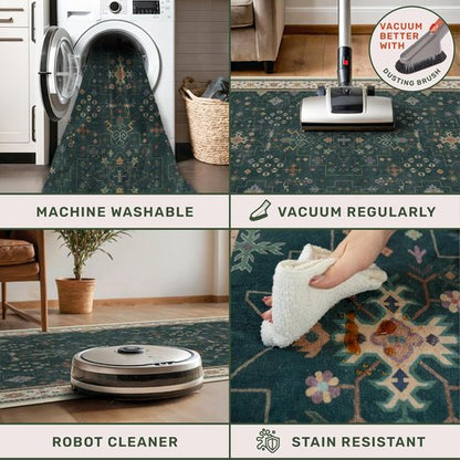 Hazo Haus Vintage 2x7 Washable Runner Rug - Non-Slip, Stain Resistant, Dark Green Floral Design for Kitchen & Hallway