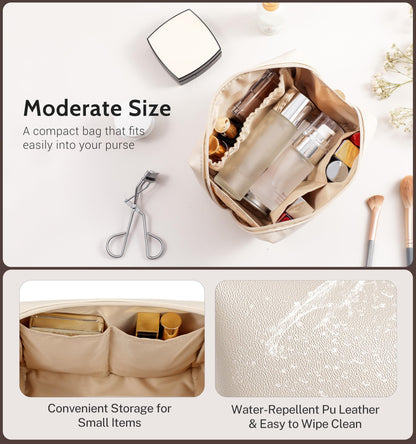 Aveniee Travel Makeup Bag Small, Vegan Leather Cosmetic Pouch for Purse, Wide-open Toiletry Organizer with Dividers & Zipper for Women-Beige