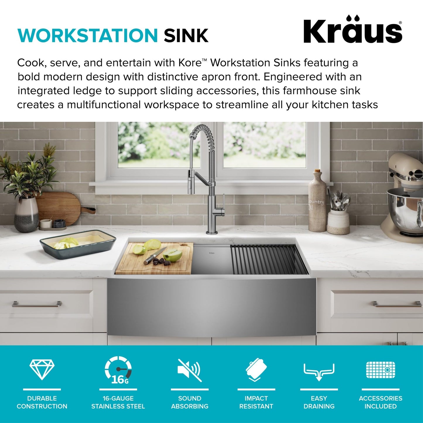 Kraus Kore 30-Inch Farmhouse Workstation with In Sink Dish Drying Rack, Stainless Steel Kitchen Sink, KWF410-30