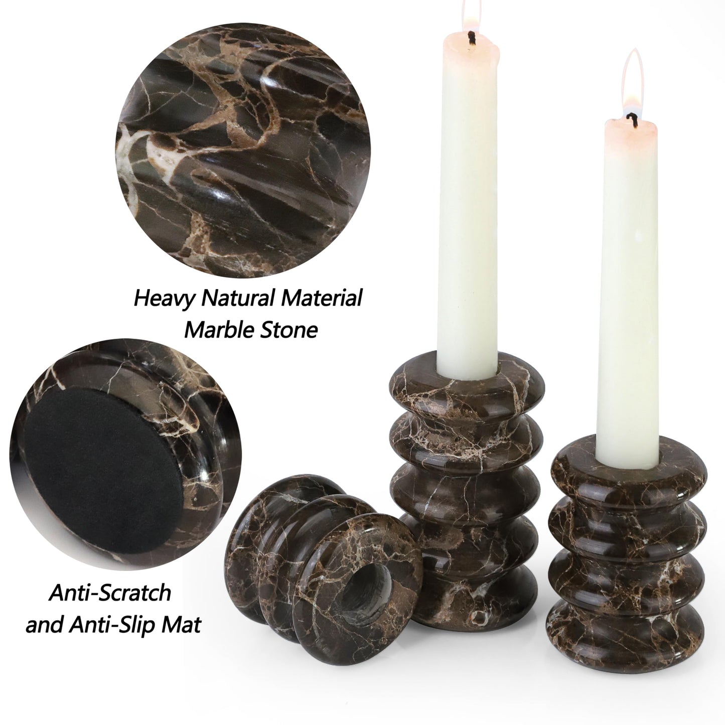 Vixdonos Marble Candle Holder Set of 3 Taper Candle Candlestick Mantle Candle Stand for Home Decor,Wedding,Party and Table Centerpieces(Brown)