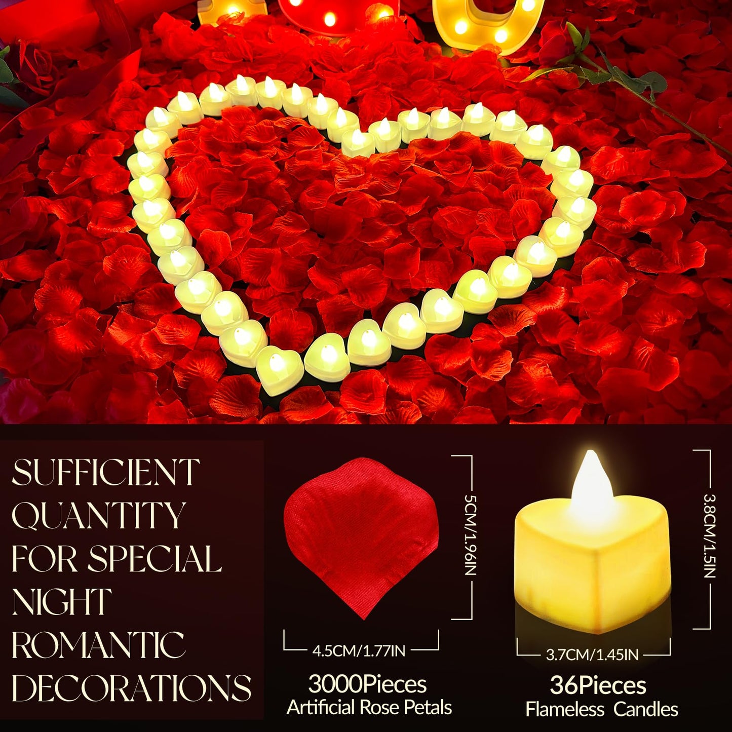 3000Pcs Red Rose Petals with 36Pcs LED Tea Lights Candles, Romantic Gifts for Her, Special Night, Date Night Ideas, Wedding, Anniversary, Proposal