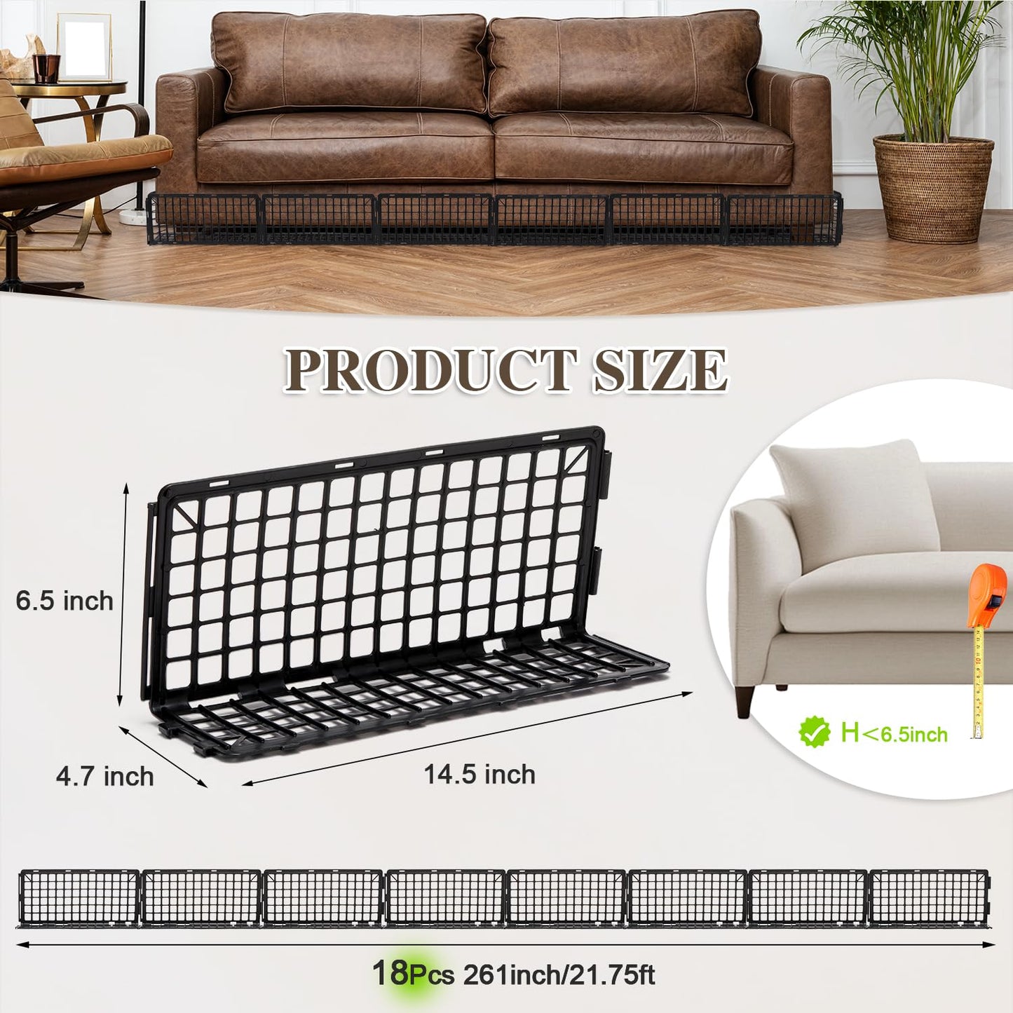 6.5" Height 261" Length in Total Under Couch Blocker, Under Bed Blocker for Pets Stop Pets from Hiding Under Furniture, Detachable Assembleable Under the Couches Blockers for Sofa Bed Cabinets, Black