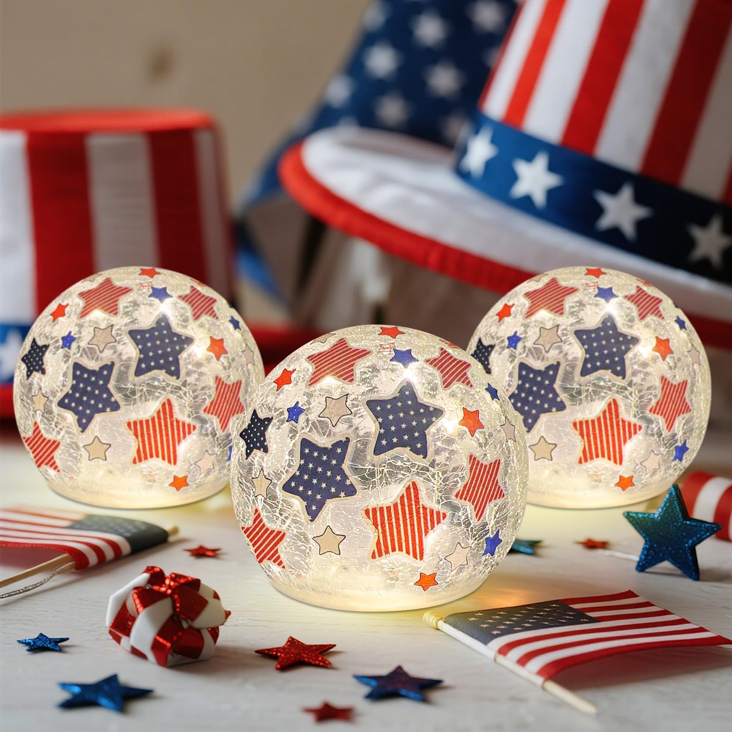 3PCS Independence Day Decorative Lights, 3.93-inch Independence Day Desktop Decoration LED Night Light, Cracked Glass Ball Light with Timer, 4th of July Decoration (red Five-Pointed Star)