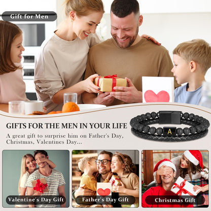 Mens Leather Bracelet with Initial - Men Gift Lava Rock Bead Magnetic Clasp Black Leather Bracelets Mens Gifts Men Bracelets with Initial T Bracelet for Men's Jewelry Men's Gifts for Dad Husband Him