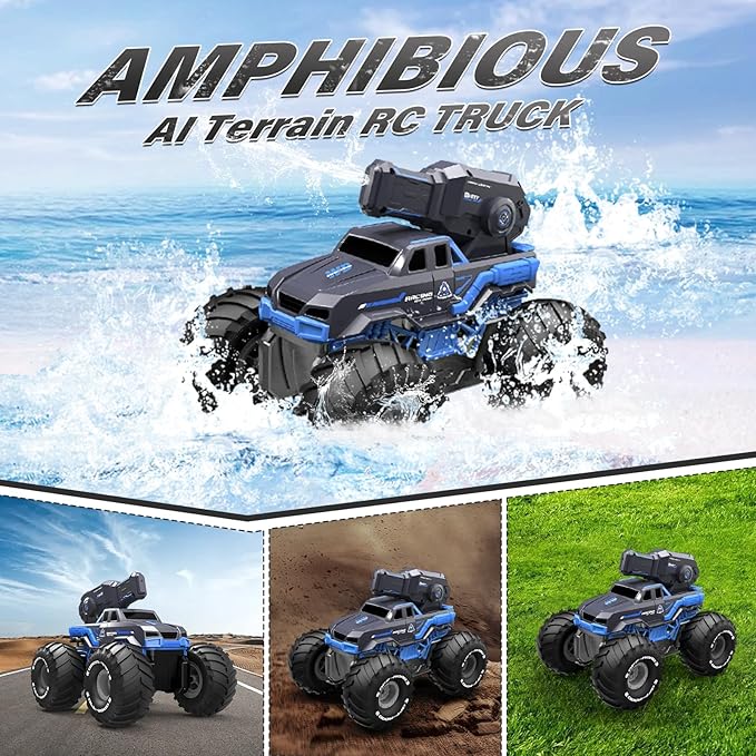 Amphibious Remote Control Car Boat Water Squirt RC Tank 2.4GHz Gesture Sensor 4WD Monster Truck Waterproof RC Car for 6 7 8 9-12 Kids Girls Boys Gift Beach Pool Water Toy With 2 Replaceable Batteries