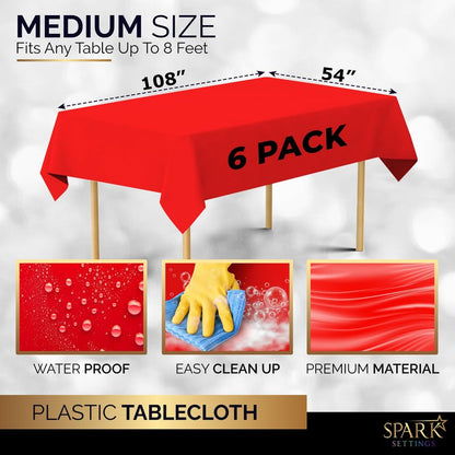 Amcrate Red Plastic Tablecloth Disposable, 6 Pack Premium Tablecloths for Rectangle Tables 54 inch. x 108 inch. Fits Tables Up to 8 Feet, Plastic Table Cloth for Party, Wedding, Holidays