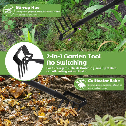Garden Hoe,2 in 1 Heavy Duty Stirrup Hoe and Cultivator Gardening Tool Set with 62 inch Long Handle,Lightweight Hoes Weeding Rake for Fast Weeds Grass Removal,Cultivating, Loosen Soil, Sharp Edge