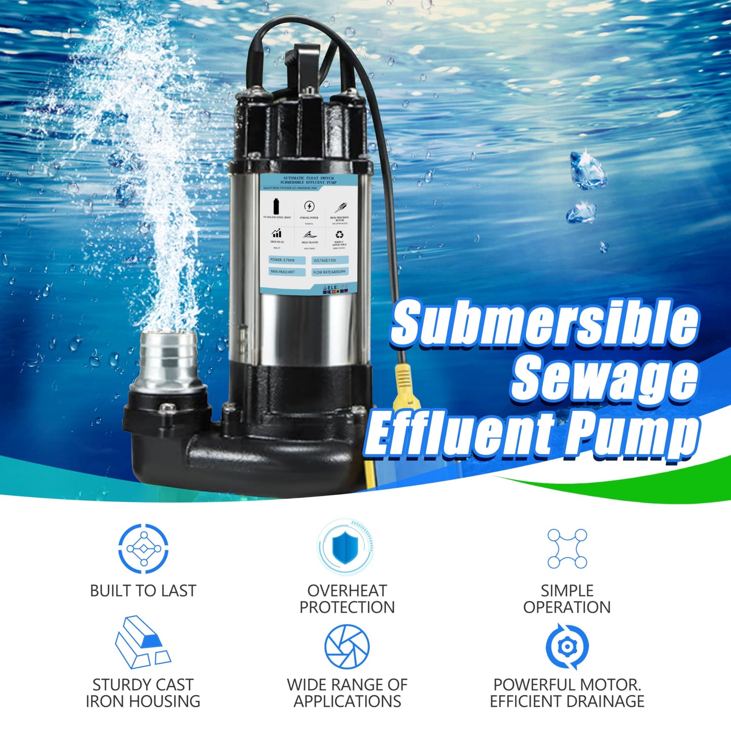 1HP Sewage Grinder Pump Submersible Effluent Pump, Sump Pump 110V 6400GPH with Automatic Float Switch,Stainless steel body and reamer.2'' NPT Discharge for Basement, Sump Basin.