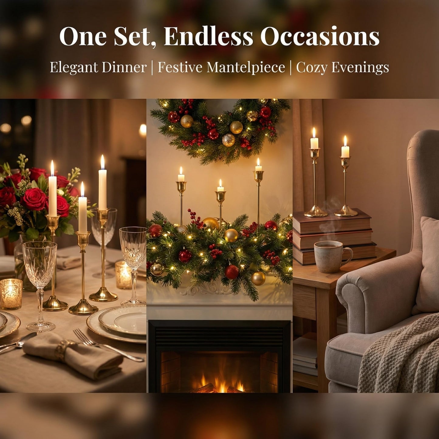 Set of 3 Brass Tapered Candle Holder,Candlestick Tall Metal Candlestick Holders for Table Centerpiece Home Decor for Wedding Fireplace Mantel Housewarming Gift Fits 3/4 Inch Thick Candles