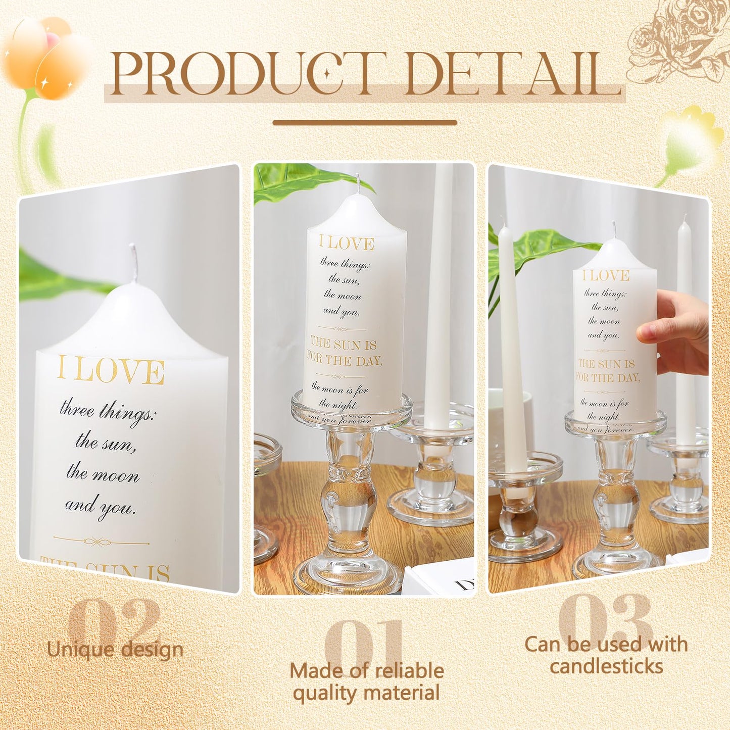MTLEE 3 Unity Candles with Candle Holder for Wedding Unity Candle Set Include 1 Pillar and 2 Taper Candles for Ceremony Wedding Accessories Baptism Catholic Church (Love Things)