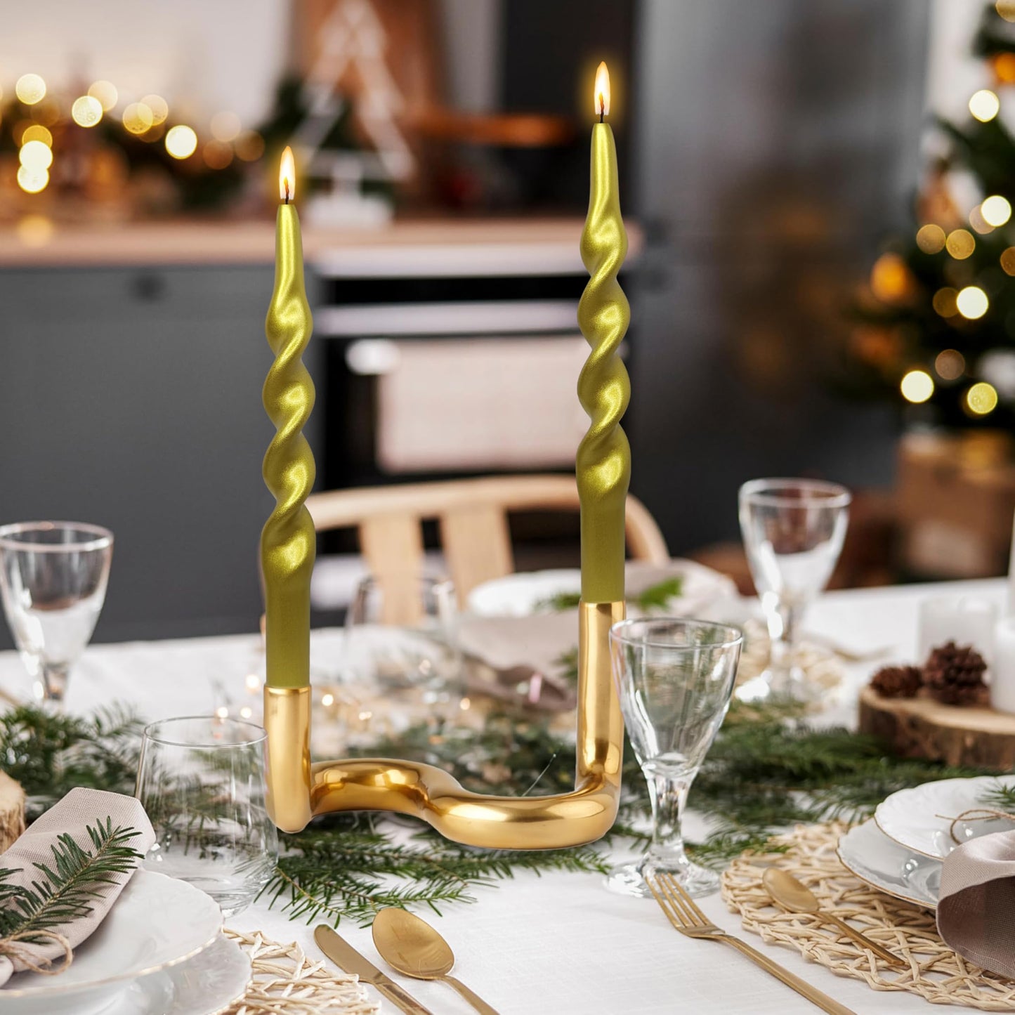 Metallic Twisted Taper Candles Set of 2 10 Inch Christmas Twisted Long Golden Candles for Halloween Christmas Home Dinner Party Wedding
