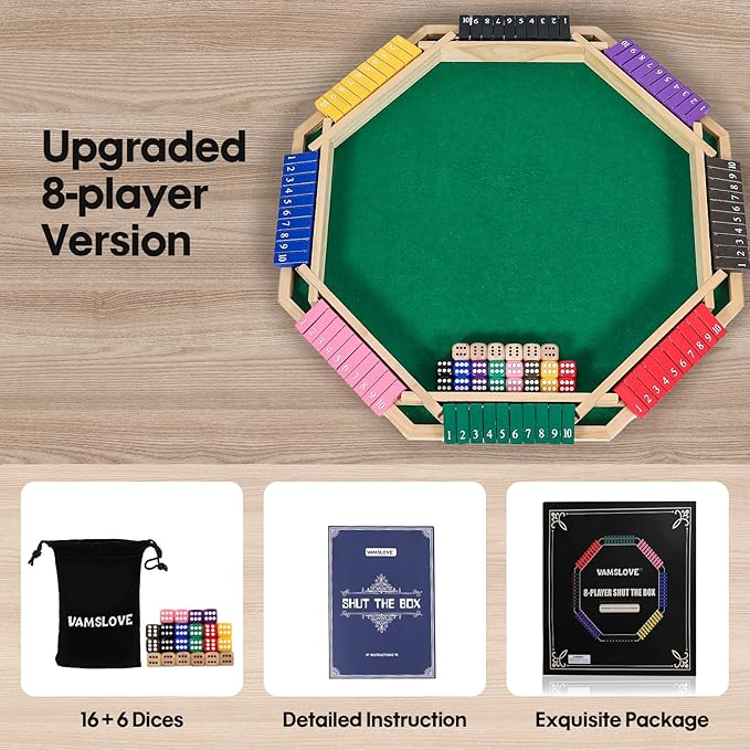 Vamslove Upgraded 2-8 Players Shut The Box Dice Game-Colorful 8-Way Wooden Board Table Math Game with 16 +6 Dices - Close The Box for Kids Adults Families Party Club (Instruction Included)